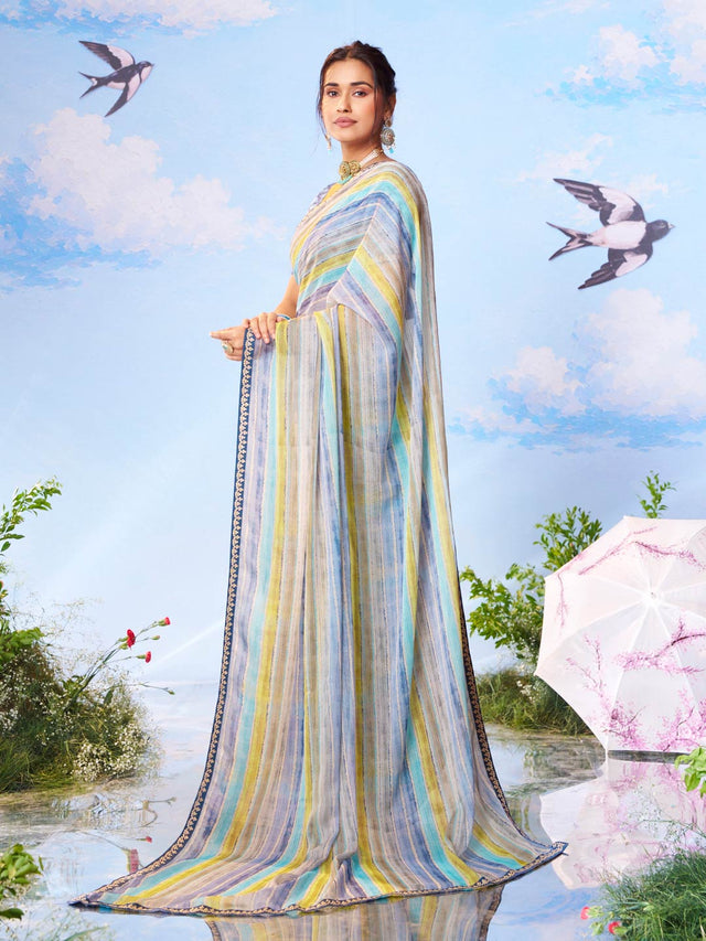 Blue printed georgette saree party wear 