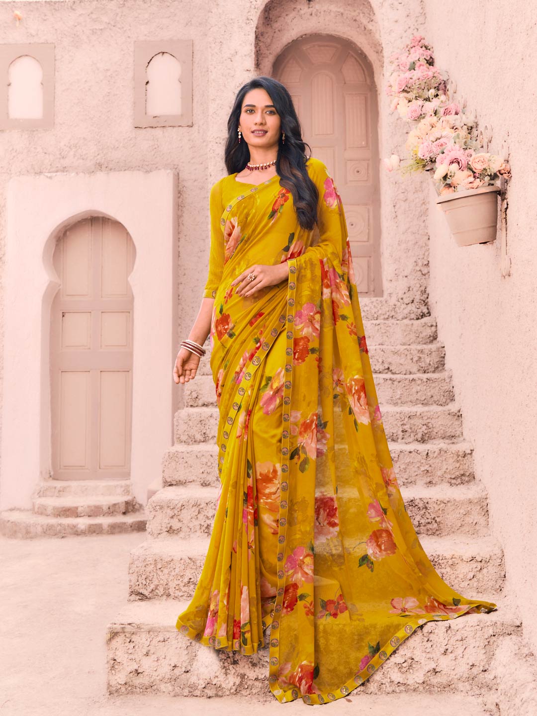 Mustard georgette floral print saree