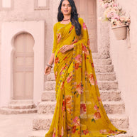 Mustard georgette floral print saree