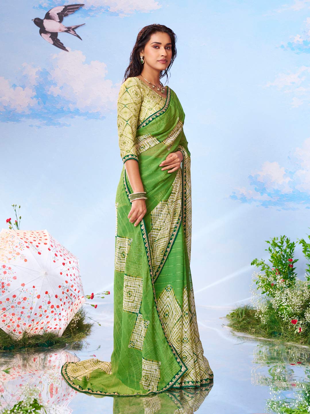 Green plain silk saree daily wear 