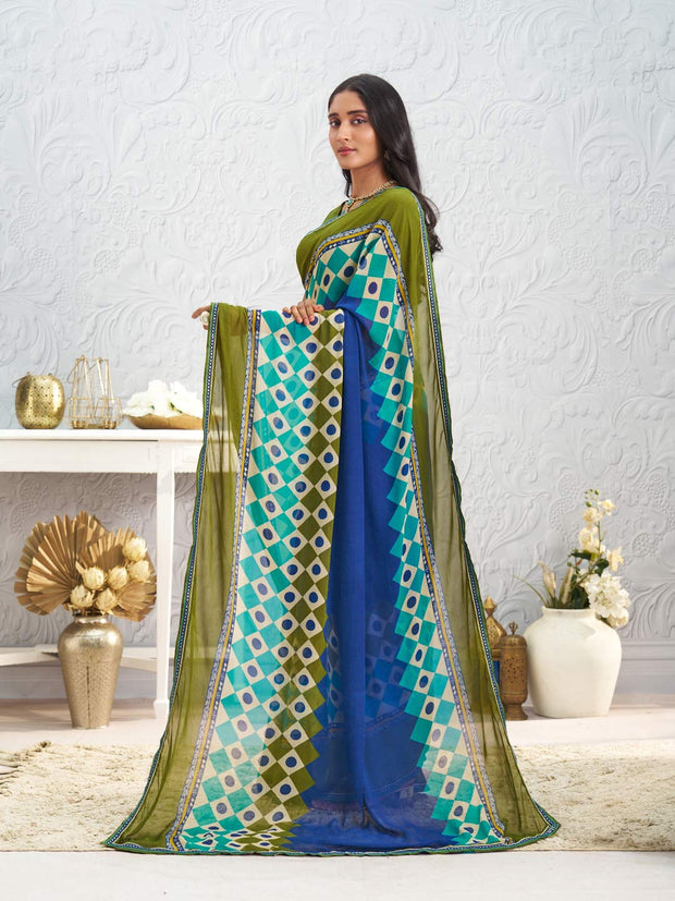 Blue geometric printed georgette saree festive wear