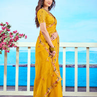 Yellow peacock embroidered chiffon saree wedding wear 