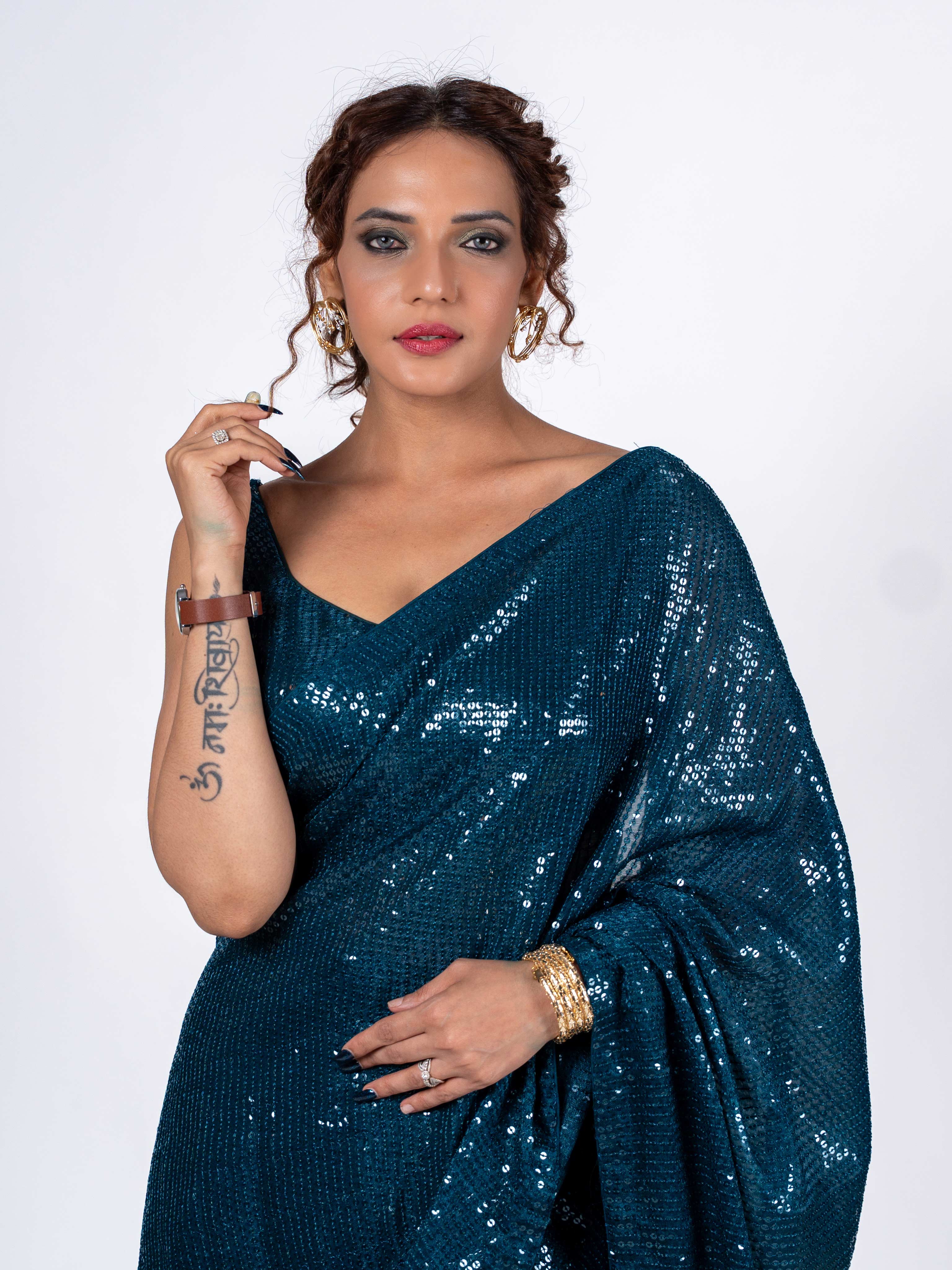 Blue sequin embroidered georgette saree daily wear