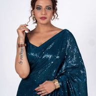 Blue sequin embroidered georgette saree daily wear