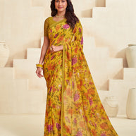 Yellow floral printed georgette saree trendy look