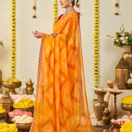 Orange bandhani printed georgette saree daily wear