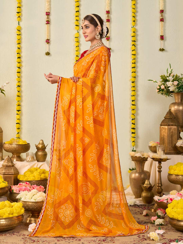 Orange bandhani printed georgette saree daily wear