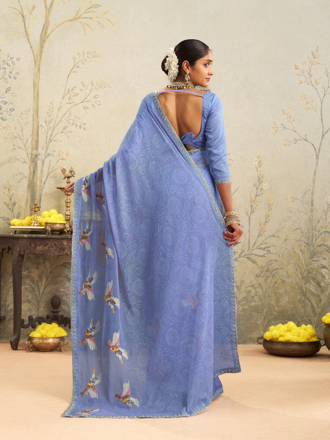 Blue embroidered chiffon saree party wear