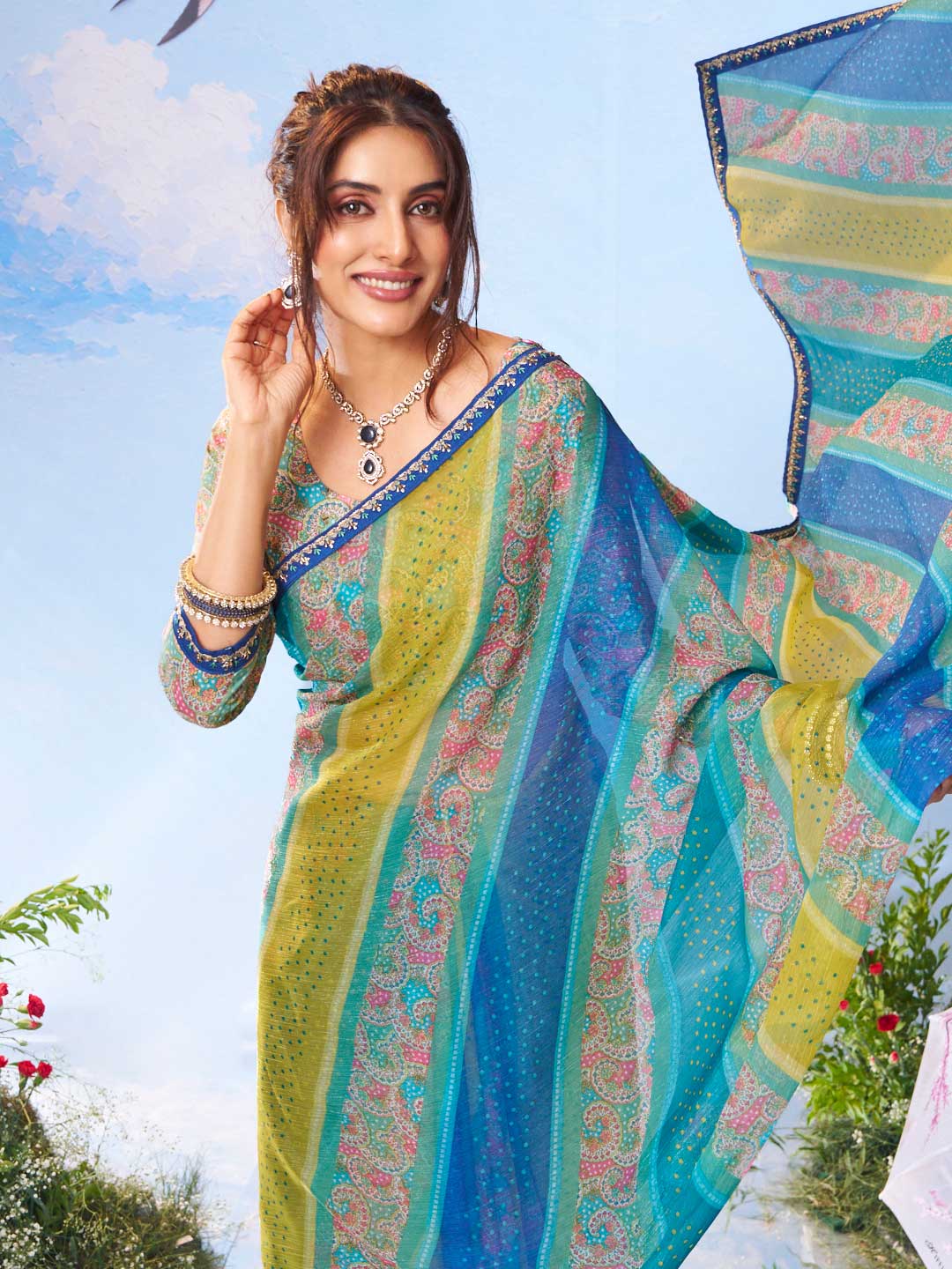 Blue block print crepe saree casual wear 