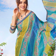 Blue block print crepe saree casual wear 