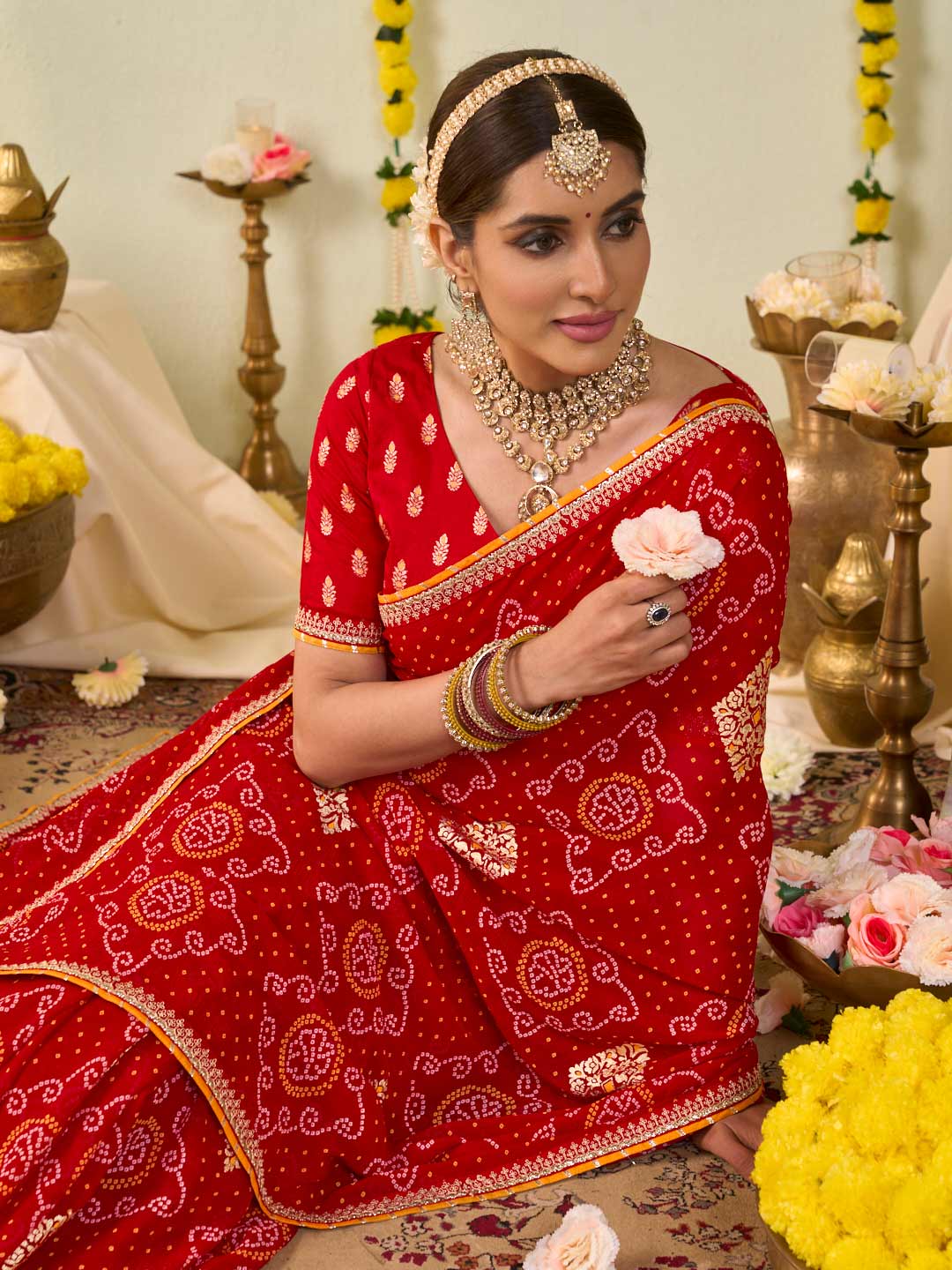 Red bandhani printed georgette saree wedding wear