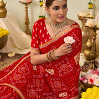 Red bandhani printed georgette saree wedding wear