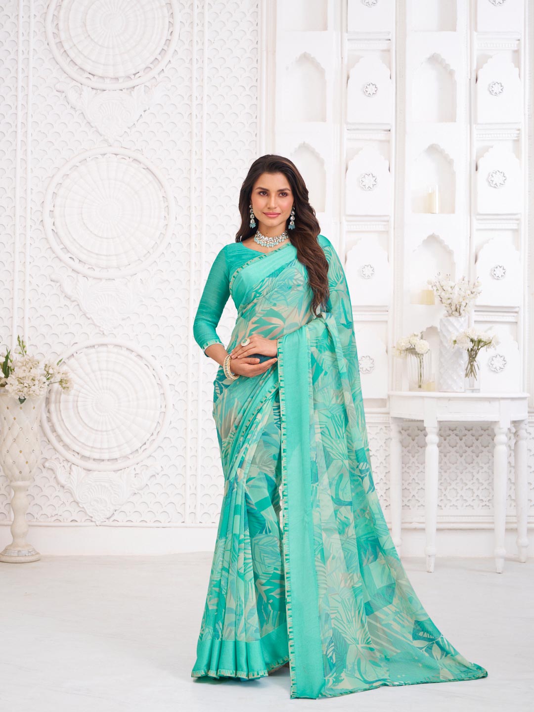 Blue georgette floral print saree