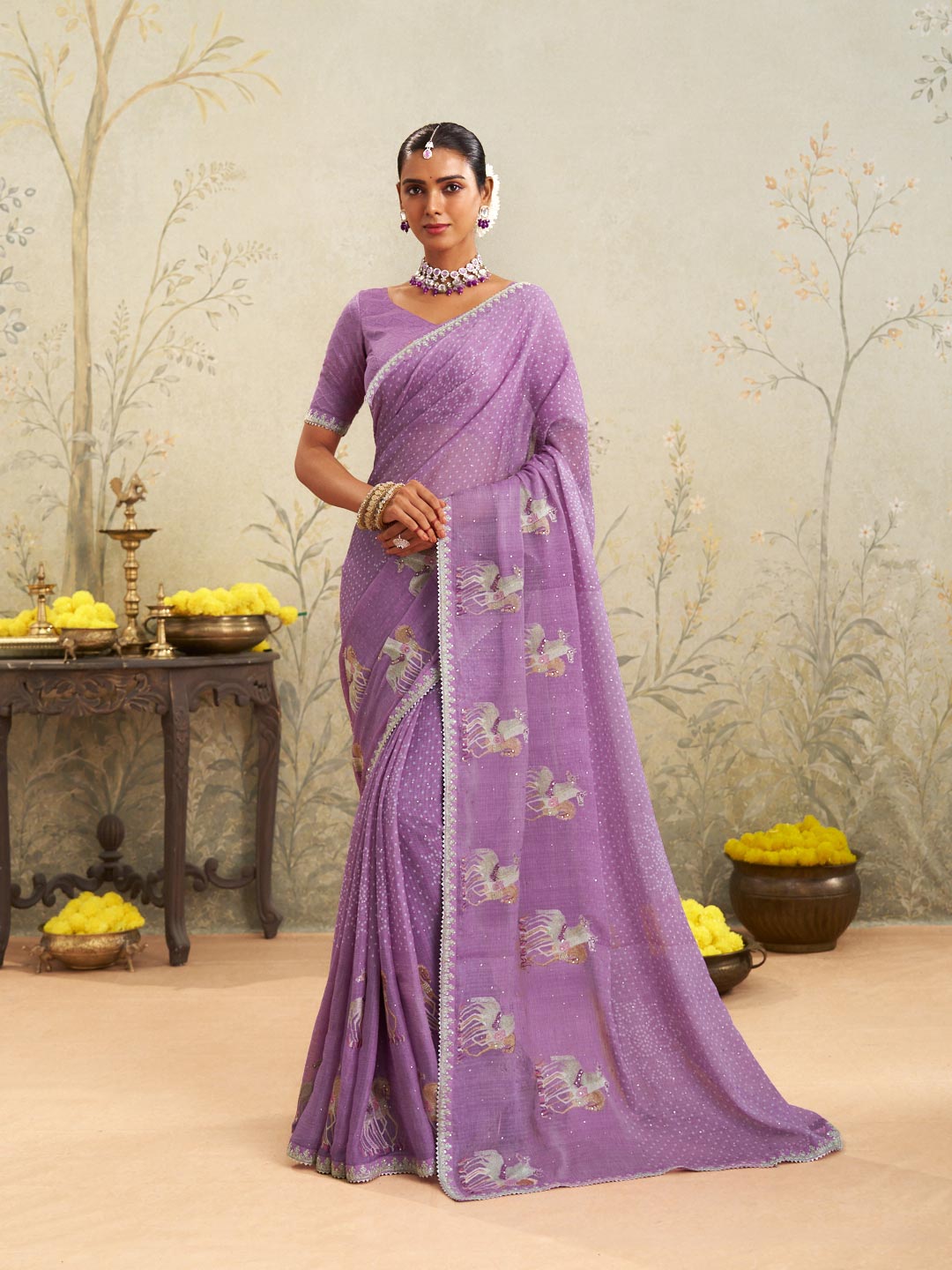 Purple embroidered chiffon saree party wear