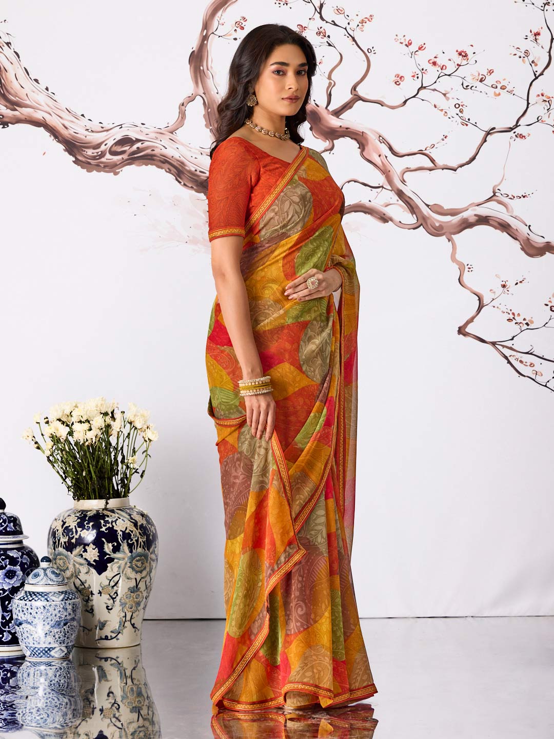 Orange geometric abstract printed georgette saree daily wear