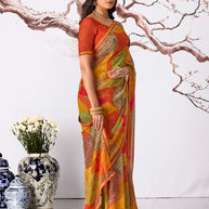 Orange geometric abstract printed georgette saree daily wear