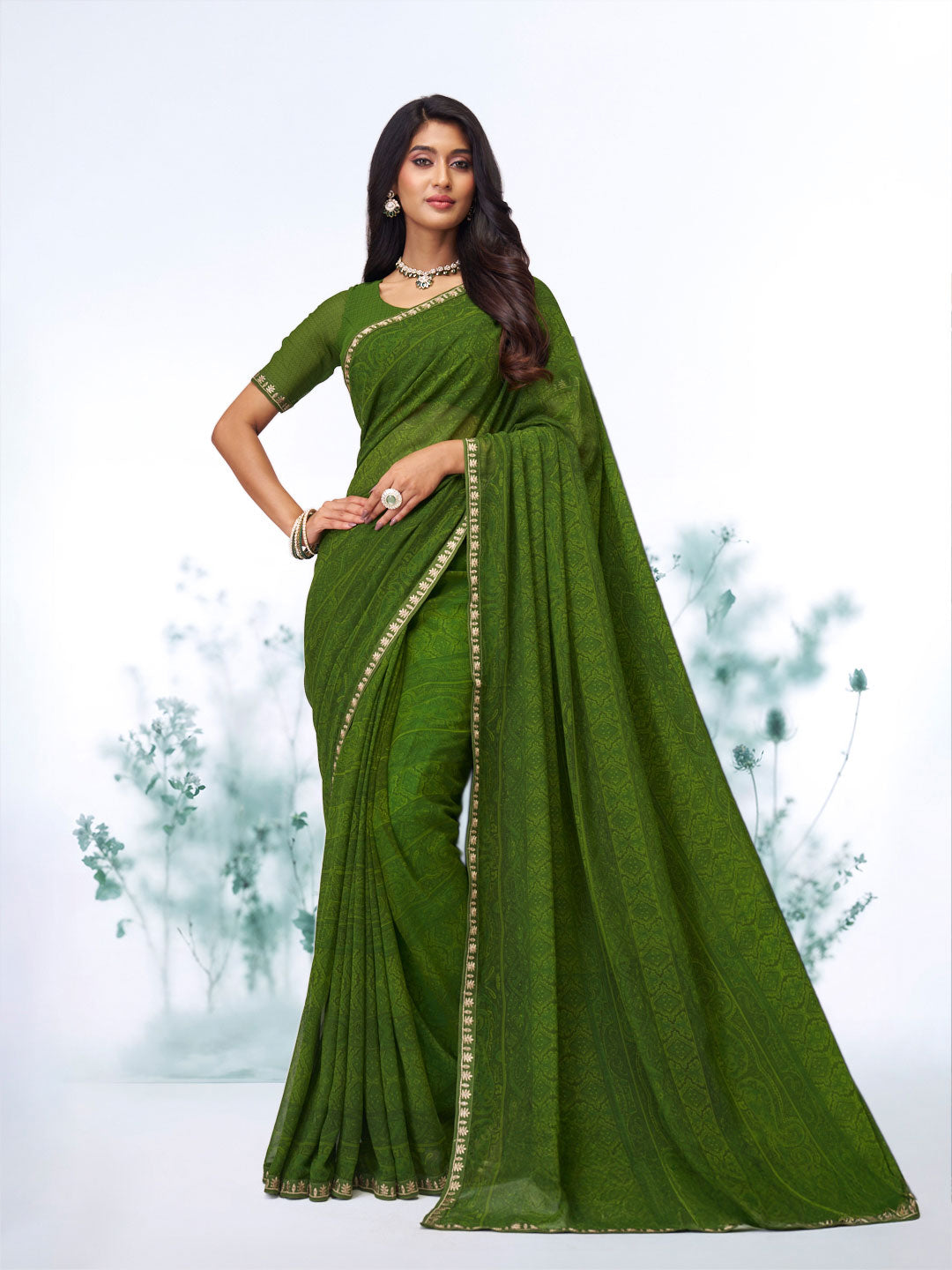 Green floral printed georgette saree daily wear