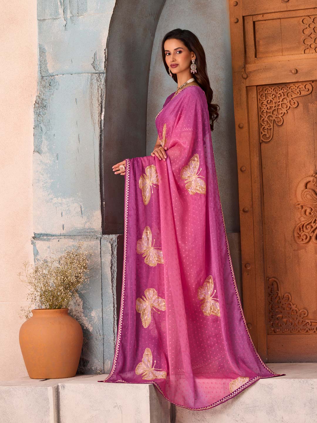 Purple butterfly printed chiffon saree casual wear