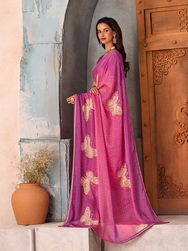 Purple butterfly printed chiffon saree casual wear