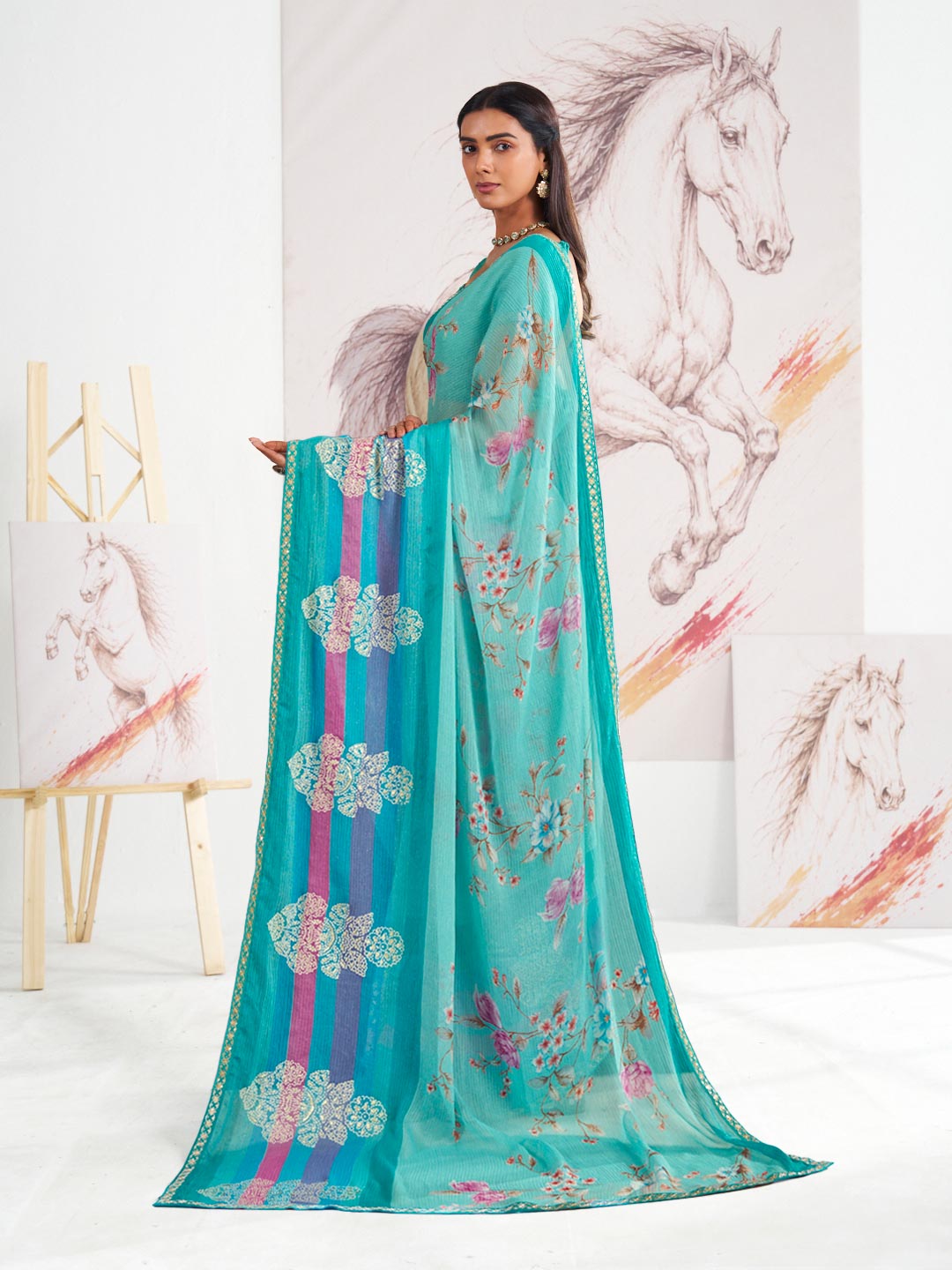 Laxmipati Murli Blue Chiffon Floral Saree