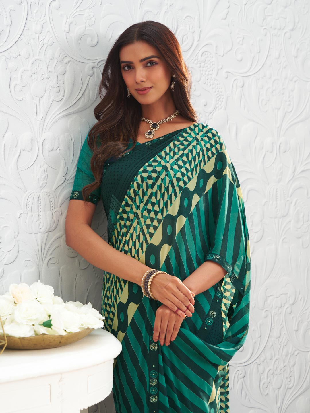 Green geometric printed georgette saree wedding wear