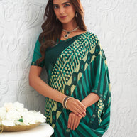 Green geometric printed georgette saree wedding wear
