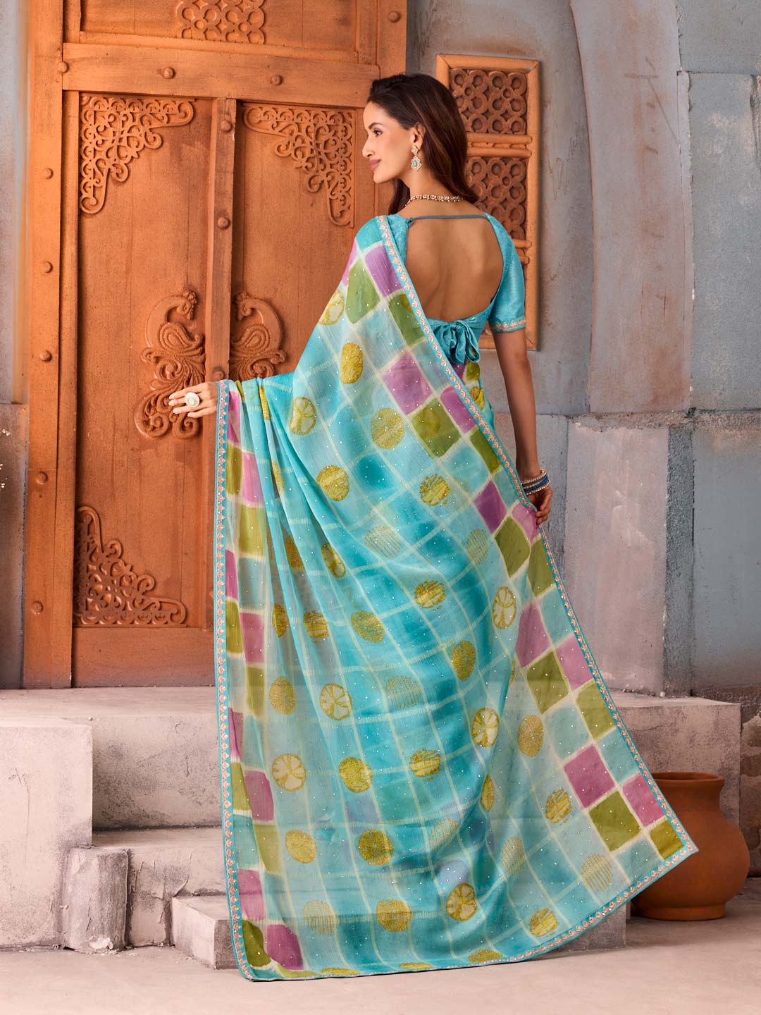 Blue checkered chiffon saree festive wear
