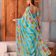 Blue checkered chiffon saree festive wear