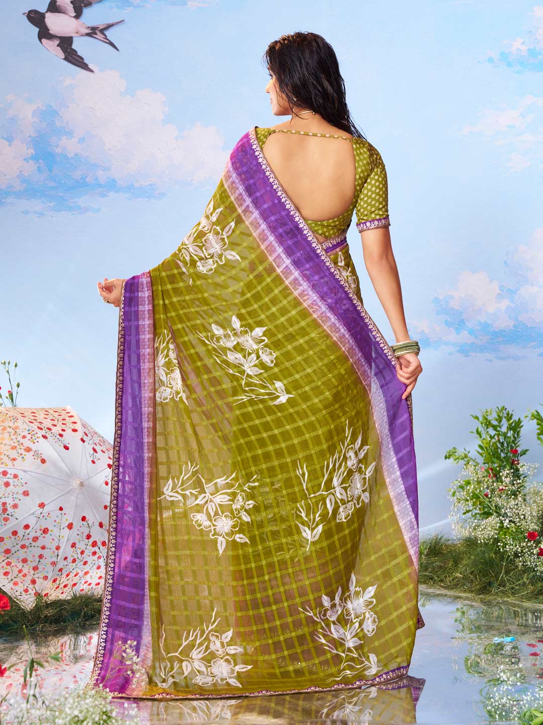 Olive Green floral printed chiffon saree casual wear