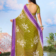 Olive Green floral printed chiffon saree casual wear