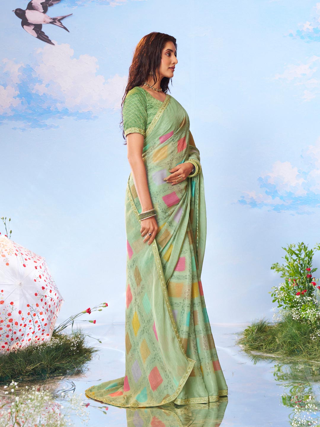 Green zari work silk saree wedding wear 
