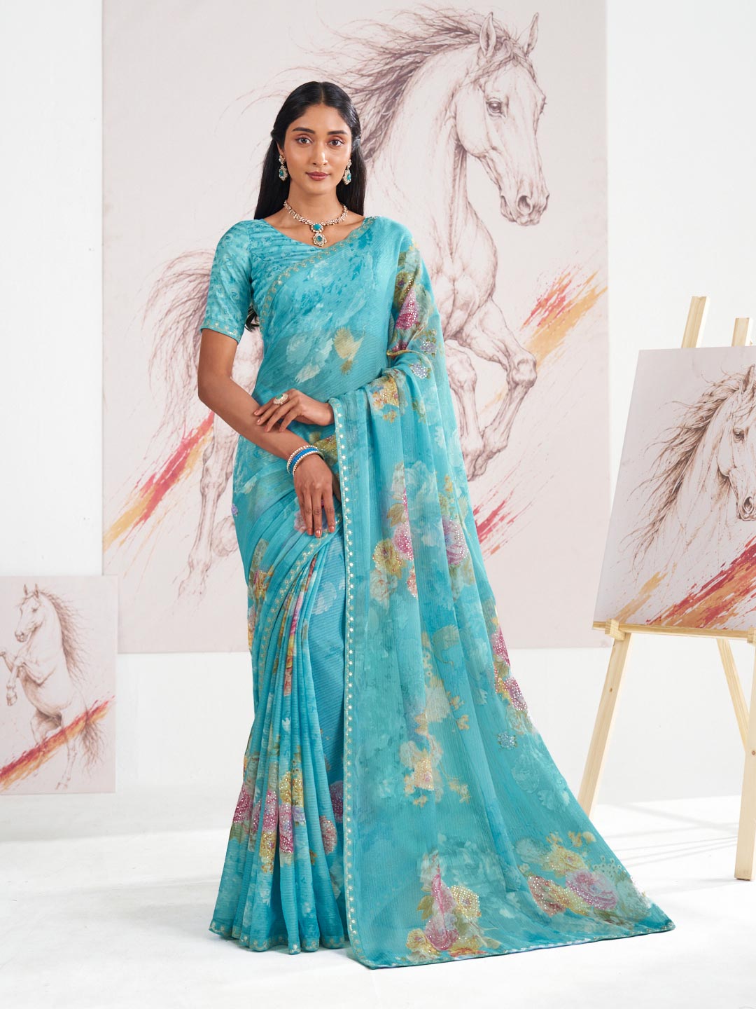 Laxmipati Murli Blue Chiffon Floral Saree