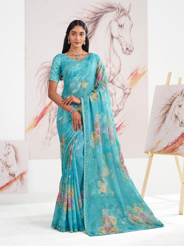 Laxmipati Murli Blue Chiffon Floral Saree