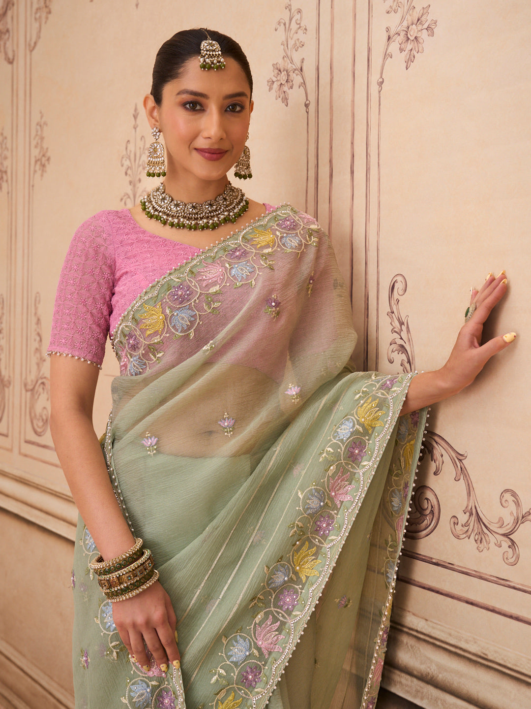 Green floral embroidered tissue organza saree daily wear