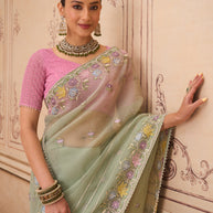 Green floral embroidered tissue organza saree daily wear