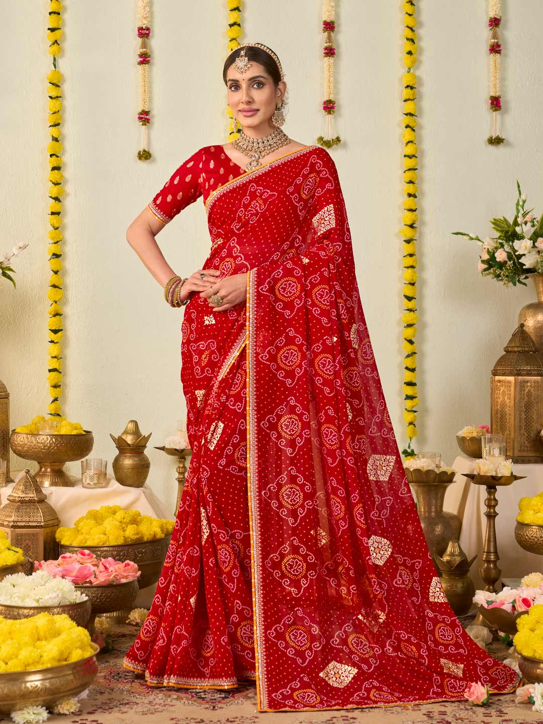 Red bandhani printed georgette saree festive wear