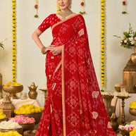 Red bandhani printed georgette saree festive wear