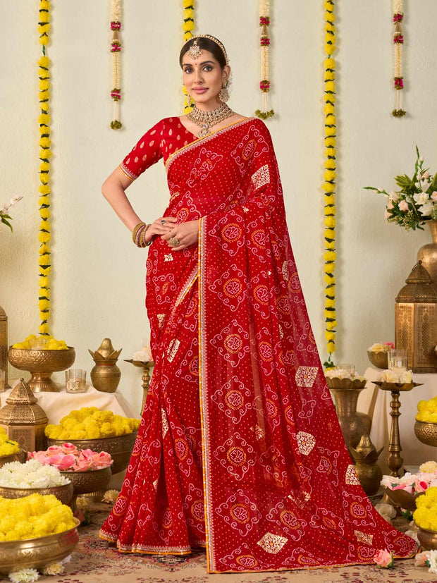 Red bandhani printed georgette saree festive wear