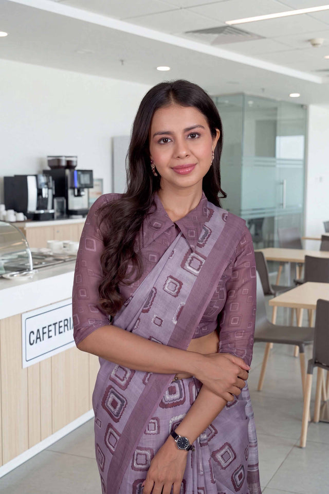 Grey geometric printed cotton blend saree work wear