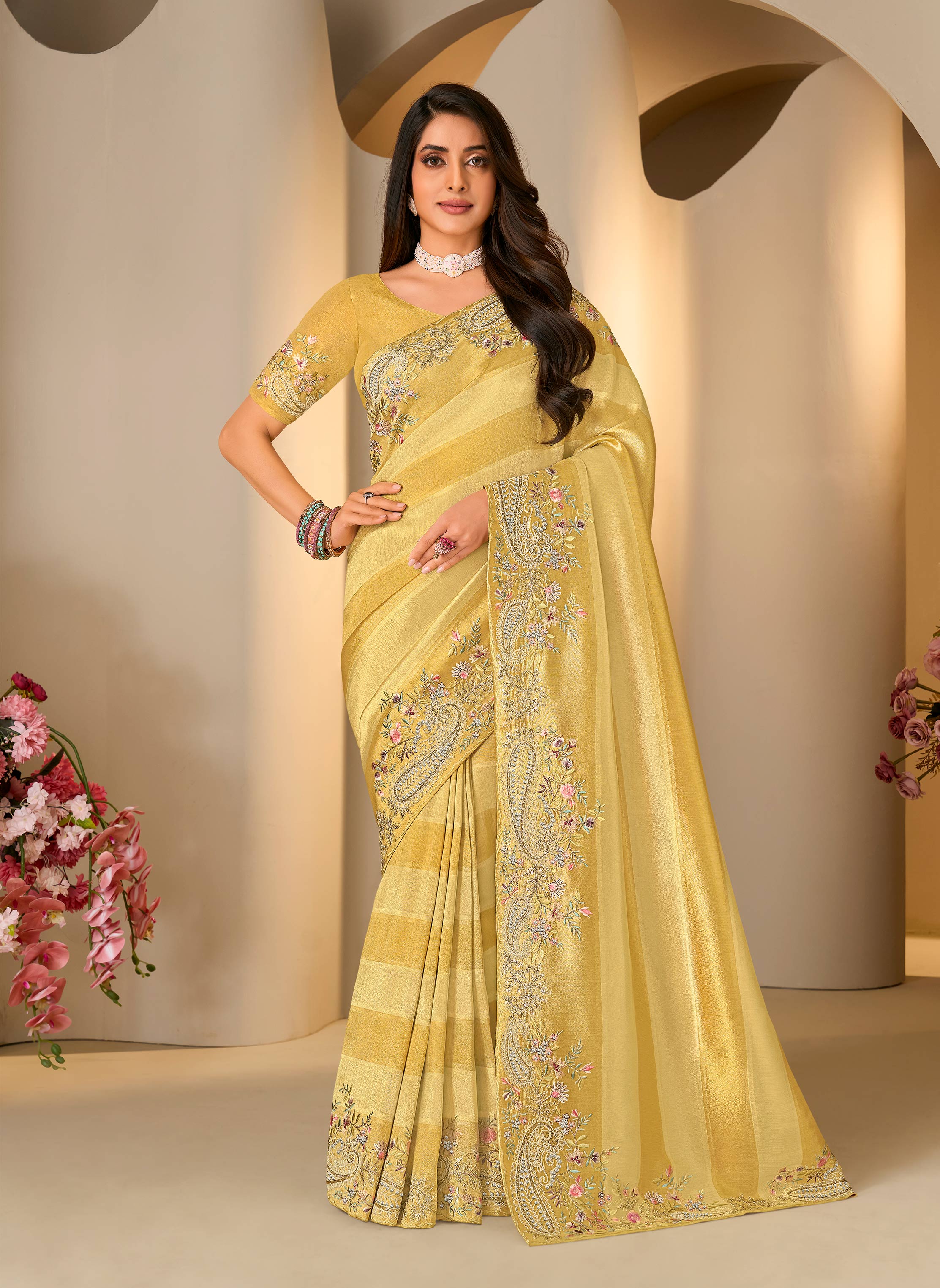 Yellow floral embroidered silk blend saree festive wear