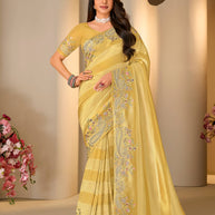 Yellow floral embroidered silk blend saree festive wear