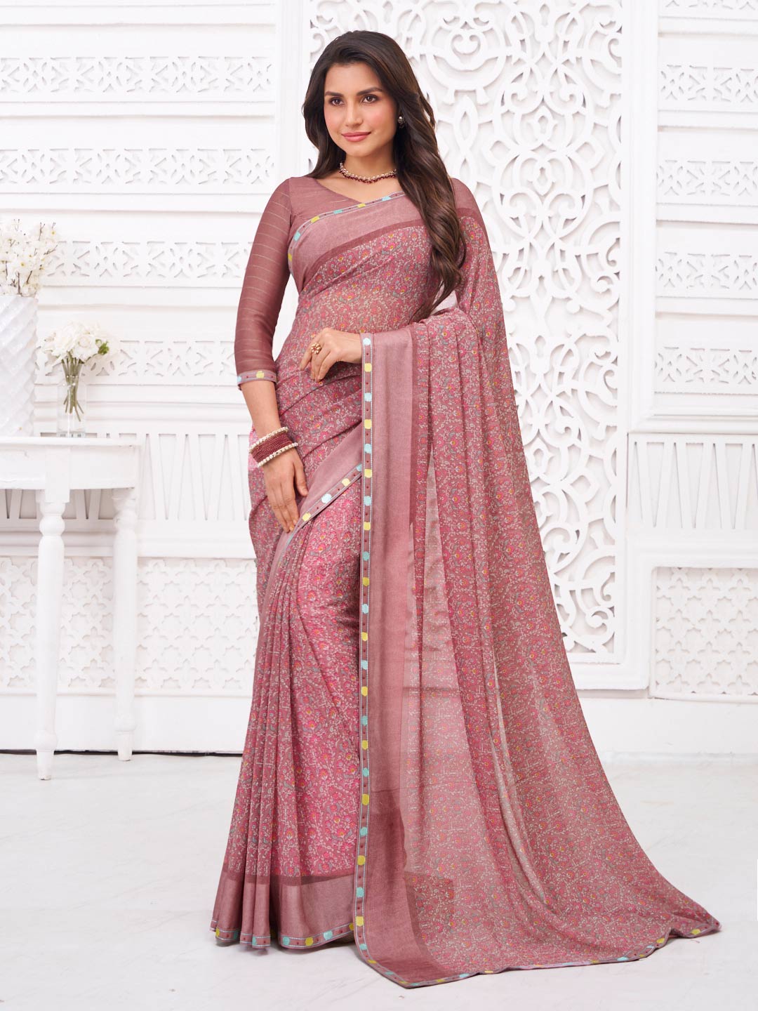 Brown georgette floral print saree