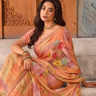 Orange multi-colored floral printed chiffon saree wedding wear