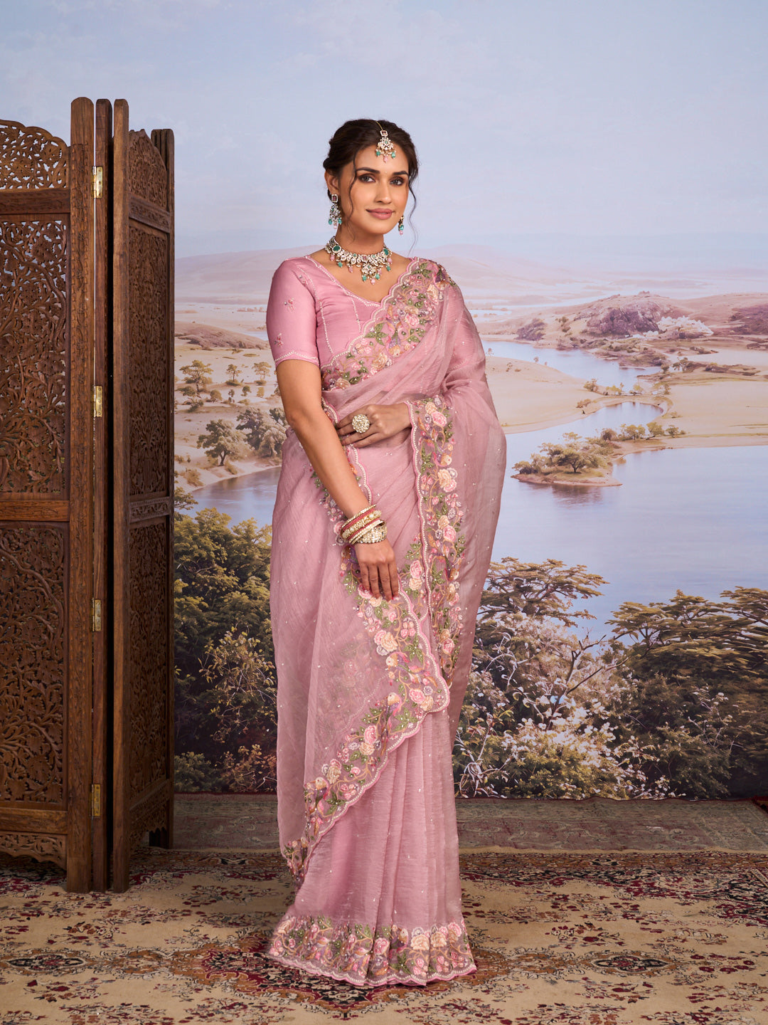 Pink floral embroidered tissue organza saree ethnic wear