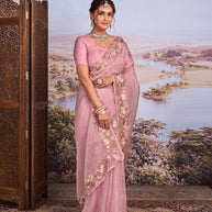 Pink floral embroidered tissue organza saree ethnic wear