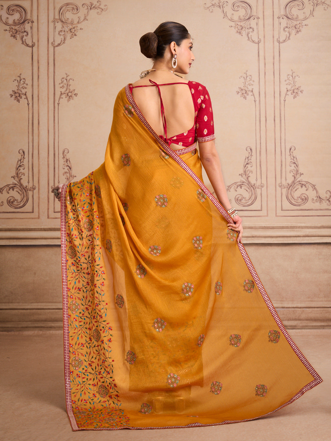 Orange floral embroidered chiffon saree festive wear