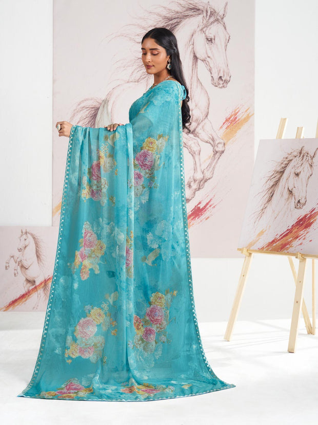Laxmipati Murli Blue Chiffon Floral Saree