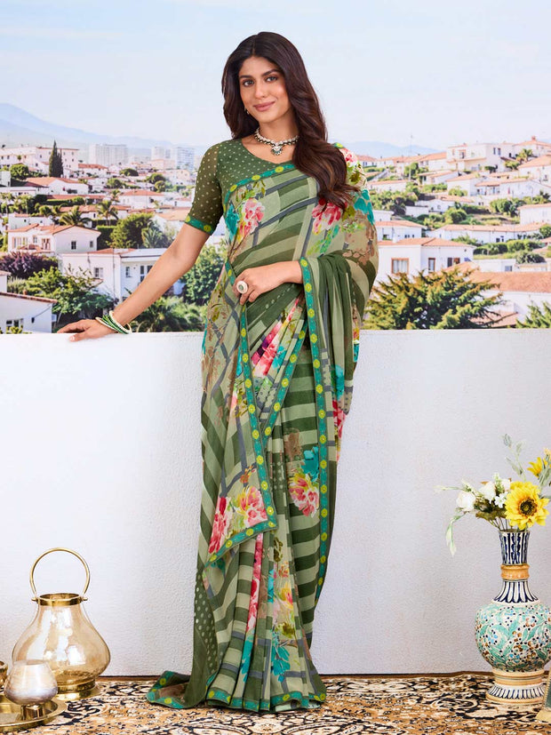 Stylish green georgette saree