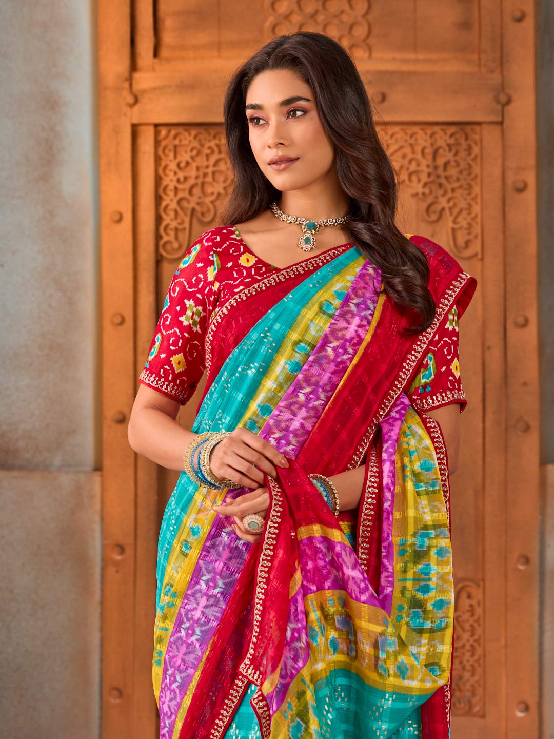 Blue ikat printed chiffon saree daily wear