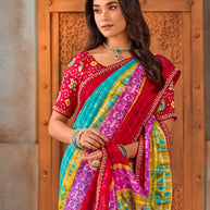 Blue ikat printed chiffon saree daily wear